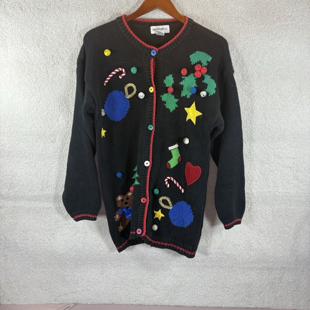 Vintage Baxter & Wells Sweater Women's M Christmas‎ Knit Cardigan Button Front